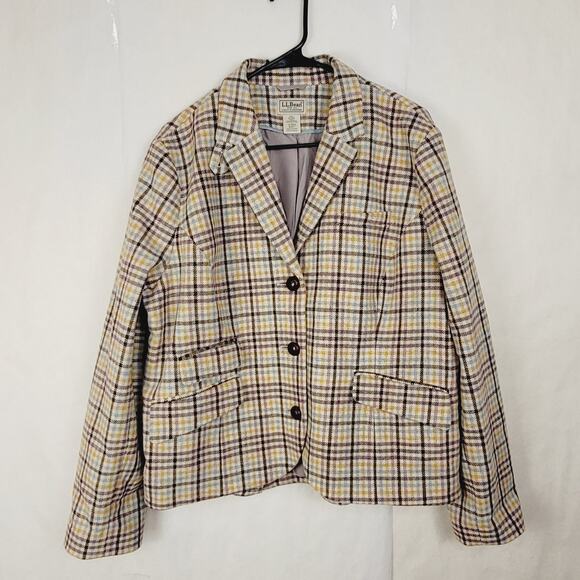 Vintage L.L. Bean wool oatmeal check plaid leather button jacket Size 18 Preppy - Picture 1 of 12
